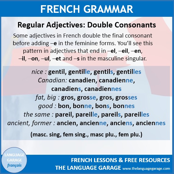 FrenchGarage's tweet photo. Some #French adjectives double their final consonant before adding -e or -es: nice : gentil, gentille, gentils, gentiles. Canadian: canadien, canadienne, canadiens, canadiennes. #BasicFrench #FrenchGrammar #LearnFrench #Languages. Visit us to learn more. https://t.co/rzWZehGg9o https://t.co/3ZtyKruvSU