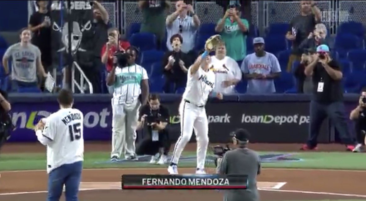 nickwalt's tweet image. Legendary move by some Raiders fans in Miami bringing a team flag behind home plate for Fernando Mendoza’s first pitch at a Marlins game two days before the draft.

A warm welcome from #RaiderNation.
