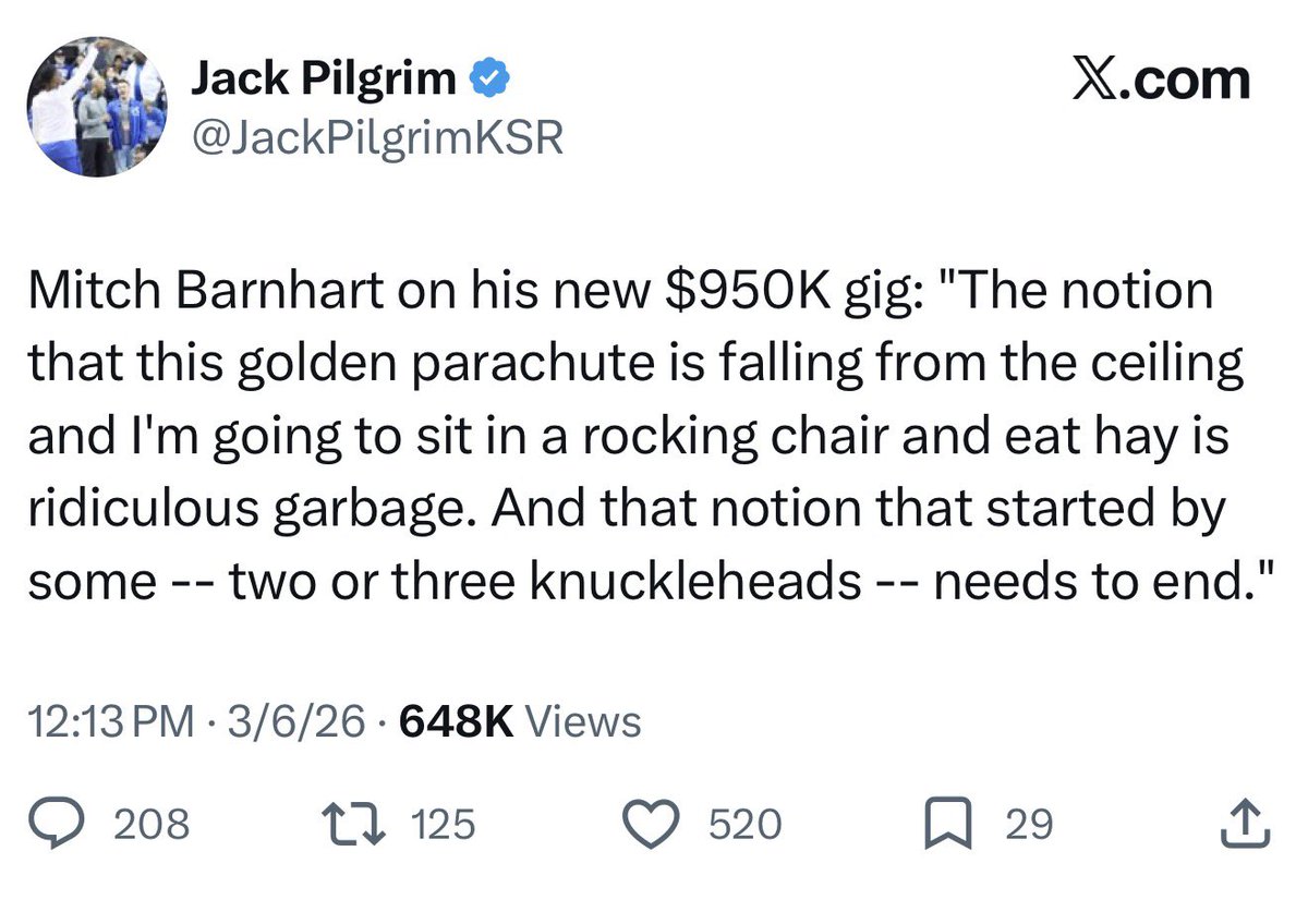 RedditCFB's tweet photo. Update: last month former Kentucky AD Mitch Barnhart referred to anyone critiquing his generous emertius package, which includes $950K/year and 10 tickets to all games, as “knuckleheads”. The Governor has joined the ranks of the knuckleheads in asking questions. https://t.co/RLovn5urFh