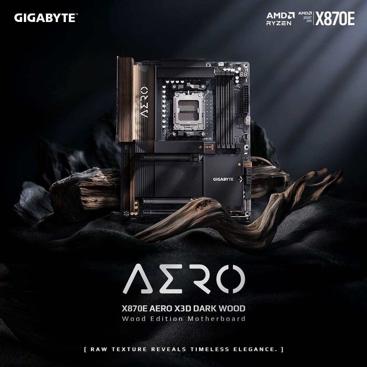 AORUS_JP's tweet image. これはちょっとテンション上がる🪵✨
落ち着いたダークウッド外観に、X870E のフラッグシップ性能。 
“魅せる PC” 組むなら、この一枚どう？  

#GIGABYTE #AERO #AMD #X870E #X3D 　 
X870E AERO X3D DARK WOOD ※ 4/24(金) 発売！