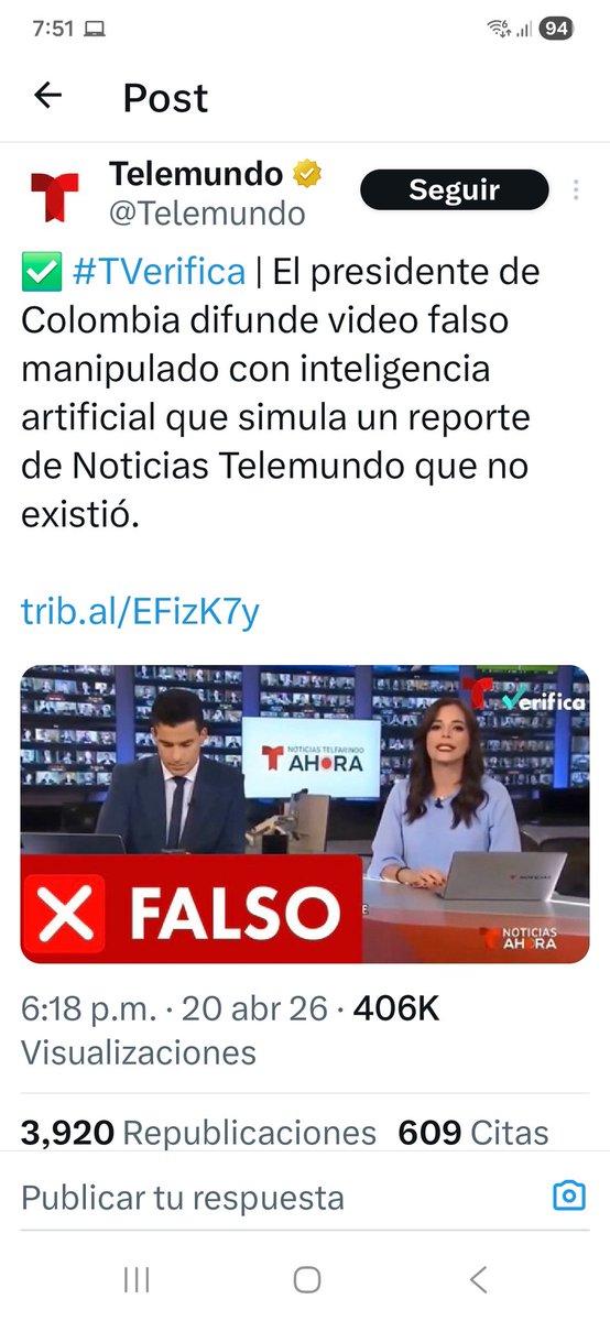 Un presidente compartiendo un video falso. No es una broma. Es Gustavo PETRO. Difundió una noticia creada artificialmente para atacar a Daniel Noboa. Luego lo borró. Sin disculpas. En la era de la inteligencia artificial, la desinformación ya no solo viene de TROLS. También puede