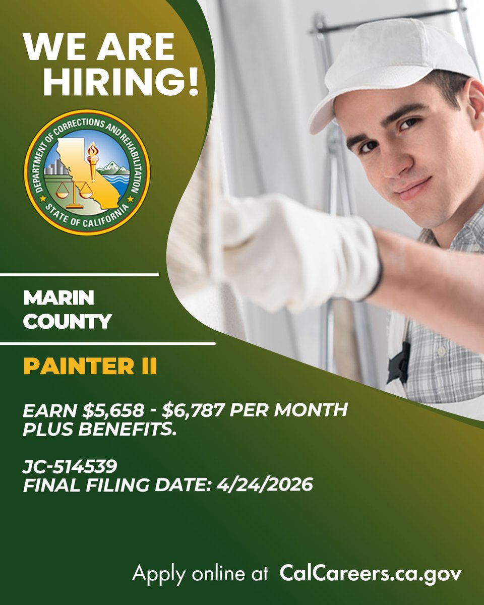 CDCRCareers's tweet image. Now Hiring: Painter II
Put your skills to work with CDCR! We’re looking for a Painter II to help maintain and improve our facilities with quality craftsmanship and attention to detail.
Apply today: calcareers.ca.gov/CalHrPublic/Jo…
#JoinCDCR #PainterJobs #SkilledTrades    #WeAreCDCR