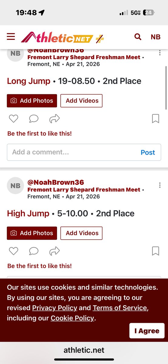 noah_brown1436's tweet photo. PR today in the 400 meter, 51.63. Also took second in long jump and high jump. Thank you to all of my coaches who have helped me! @coachlpaben @jefgaston #AGTG https://t.co/ZXToWMOuug