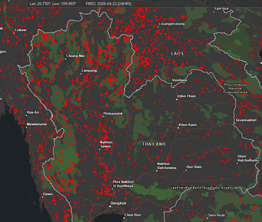 HelmutDuerrast's tweet image. 22 Apr 26
#FIRES  in #Thailand over last 24 hours (!) and last 7 days (!) as main source of #PM25 #AirPollution outside bigger cities #Bangkok via firms.modaps.eosdis.nasa.gov 

&amp;gt;Green=protected areas
&amp;gt;ALL FIRES are man-made
&amp;gt;With CLOUDS less detection 
&amp;gt;A Land on 🔥🔥🔥
&amp;gt;NE got RAIN