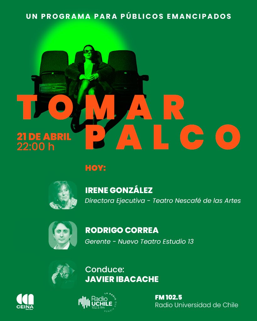 Ibacache's tweet photo. Hoy en #TomarPalco 📻 
Irene González, directora de Teatro Nescafé de las Artes, analiza los hitos de la temporada. 
Rodrigo Correa, gerente comercial de contenidos de Canal 13, adelanta detalles del nuevo teatro Estudio 13 que parte en mayo.  
Desde las 22h en @uchileradio🎙️ https://t.co/QMI8yL0bp6