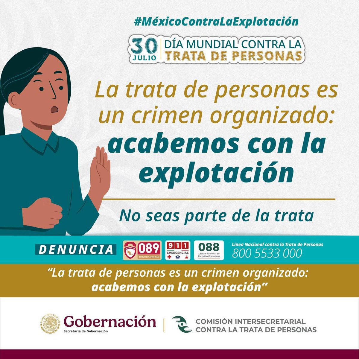 SSC_CDMX's tweet photo. #MéxicoContraLaTrata l La #TrataDePersonas es una violación a los derechos humanos.
Erradiquemos este delito. No te quedes callado, denuncia. 

Línea Nacional contra la #TrataDePersonas: ☎️ 55 5036 3301

Denuncia anónima: 
📞 089 y 📱911

#MéxicoContraLaExplotación https://t.co/FFIm3ZMOKq