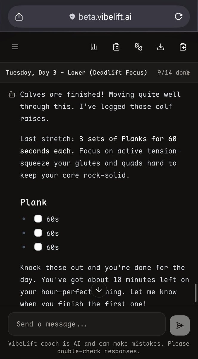 yfhe62's tweet photo. To be honest, if it is not @vibelift_ai pushing me, I'd never add planks to me program myself. Probably deadlift and go. https://t.co/dIpg9GwqQE