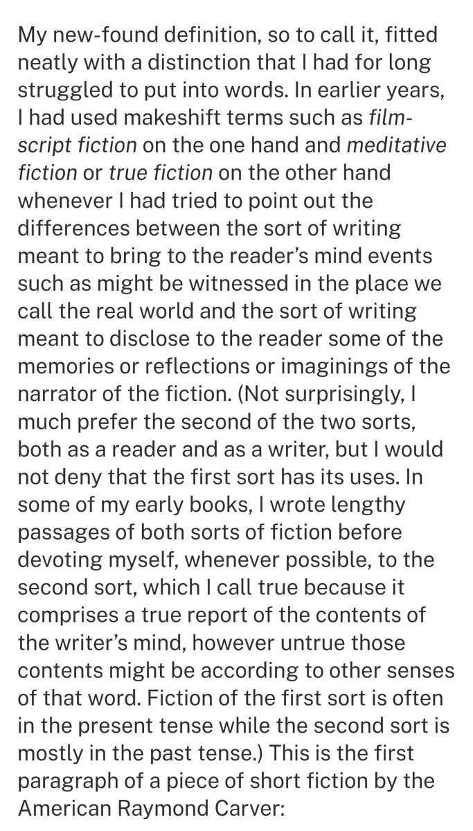 GeoffreyDMorri1's tweet photo. Gerald Murnane makes a provocative distinction between "film-script fiction" and "meditative" or "true fiction" in his essay "In Praise of the Long Sentence" – he uses a paragraph from Raymond Carver as an example of the former and Mavis Gallant as an example of the latter https://t.co/fJ75rkupbo