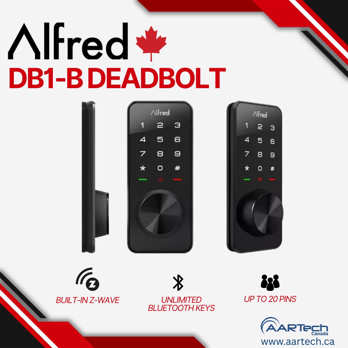 aartech's tweet image. Upgrade your door with Alfred. 
The DB1-B Smart Deadbolt gives you keyless entry, Bluetooth control, and built-in Z-Wave for smart home integration.
Create PIN codes, unlock with your phone, and simplify your security.
 go.aartech.ca/jIjvU

#aartech #alfred #smartlock