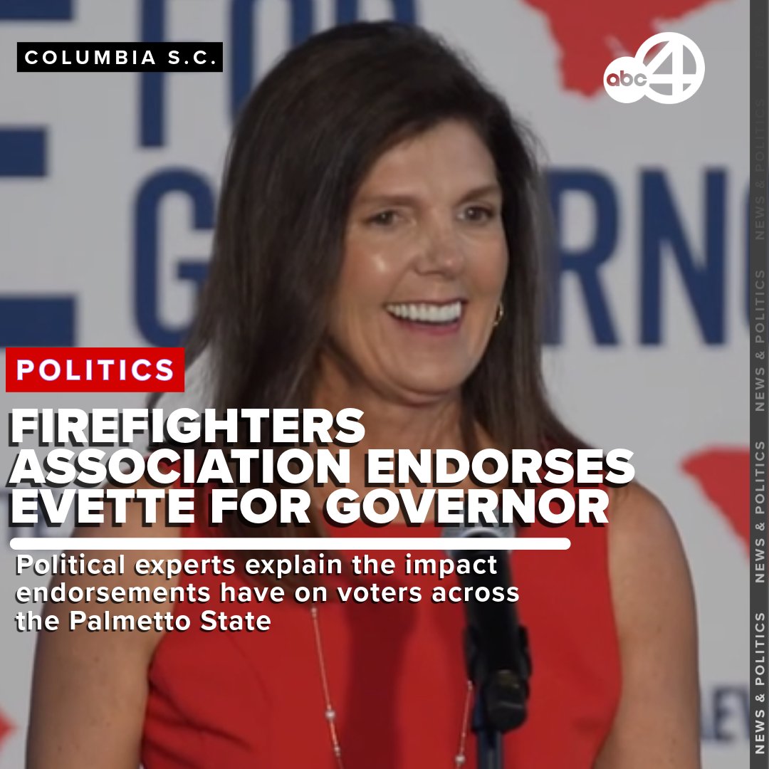 The Professional Fire Fighters Association of South Carolina announced its endorsement of Lieutenant Governor Pamela Evette on Tuesday. The endorsement adds to Evette’s growing list of supporters, including Governor Henry McMaster.

READ MORE: bit.ly/4cEY5LF