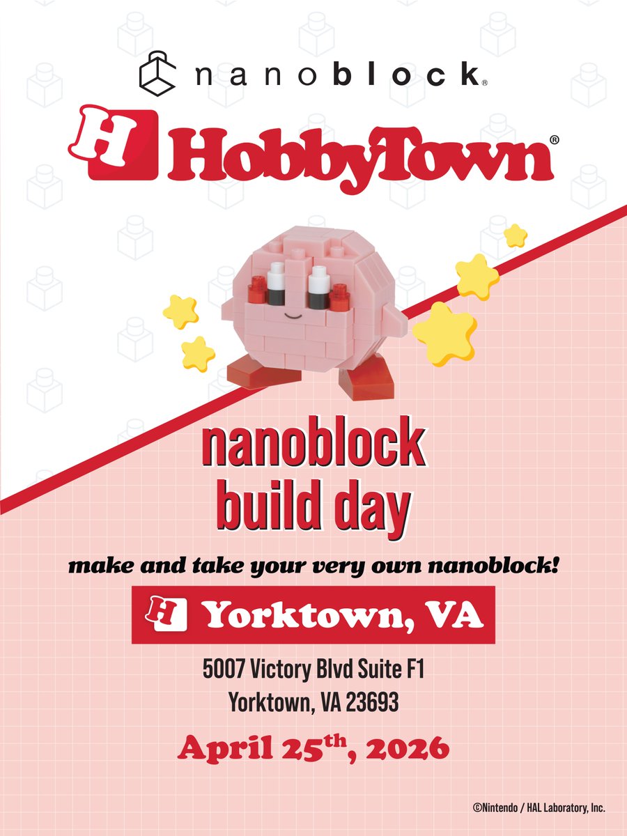 NanoblockUS's tweet photo. Join us at the following HobbyTown for another exciting build day!

Yorktown, VA
Virginia Beach, VA
Richmond, VA
Fredricksburg, VA

#workshop #freebies #nanoblock #bricks #blocks https://t.co/xQCSRrjAgN