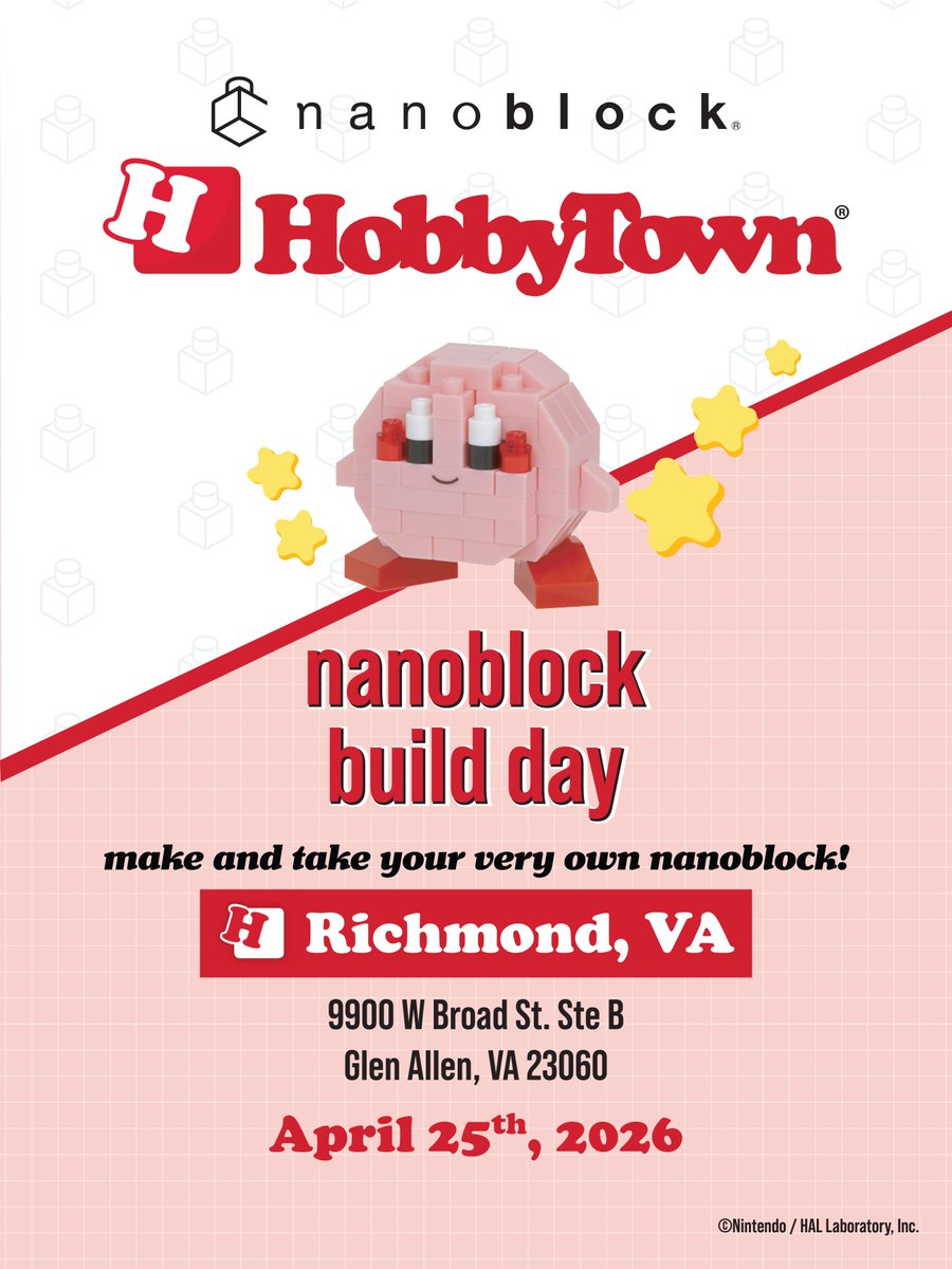 NanoblockUS's tweet photo. Join us at the following HobbyTown for another exciting build day!

Yorktown, VA
Virginia Beach, VA
Richmond, VA
Fredricksburg, VA

#workshop #freebies #nanoblock #bricks #blocks https://t.co/xQCSRrjAgN
