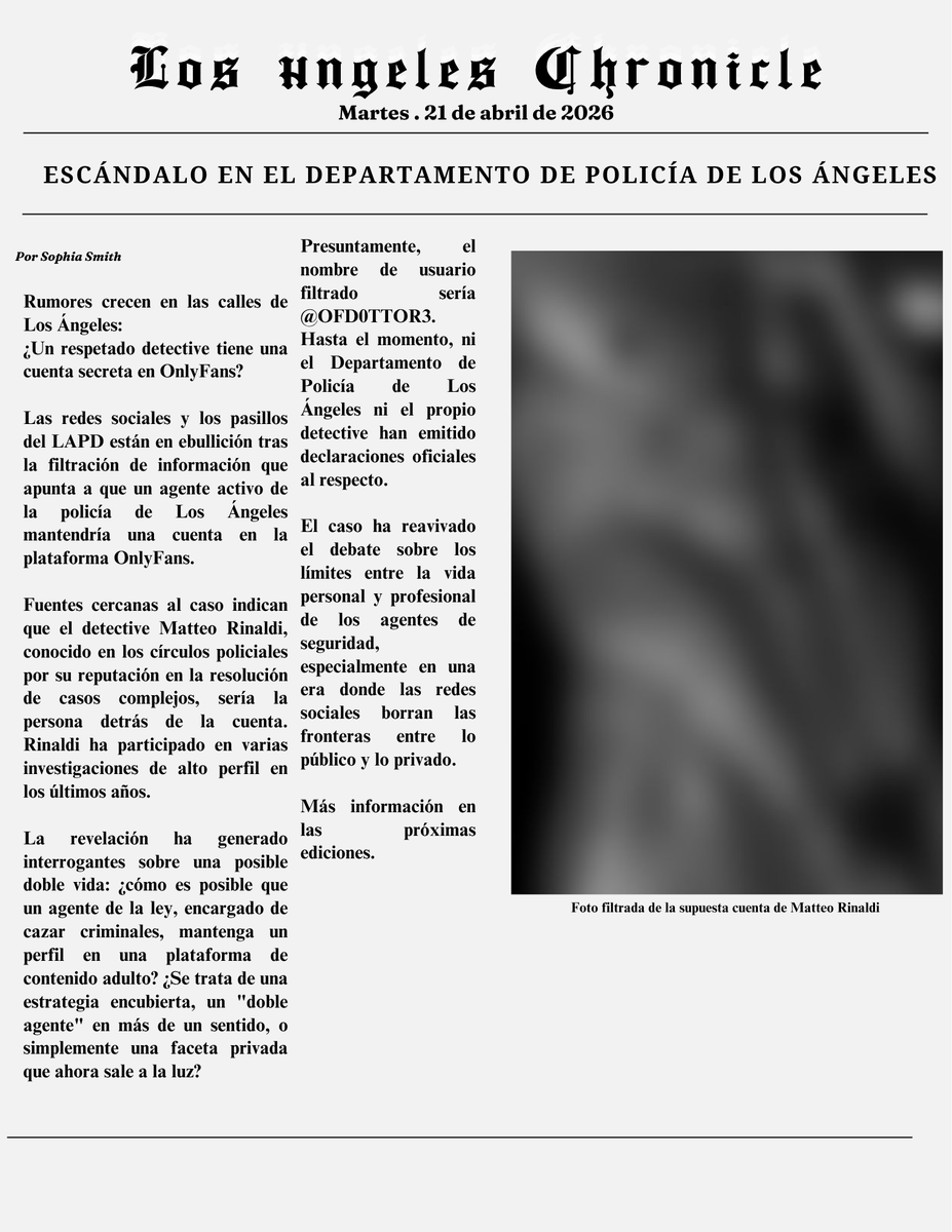 D07T0RE's tweet photo. ᅠ
🚨 𝐁𝐑𝐄𝐀𝐊𝐈𝐍𝐆 𝐍𝐄𝐖𝐒 🚨
ᅠ
Rumores sacuden las calles de Los Ángeles:
¿Un detective de policía con cuenta de OnlyFans?
ᅠ
Fuentes cercanas apuntan a Matteo Rinaldi ¿Doble vida?
ᅠ
Usuario filtrado: @OFD0TTOR3 https://t.co/mqryZwmdMf
