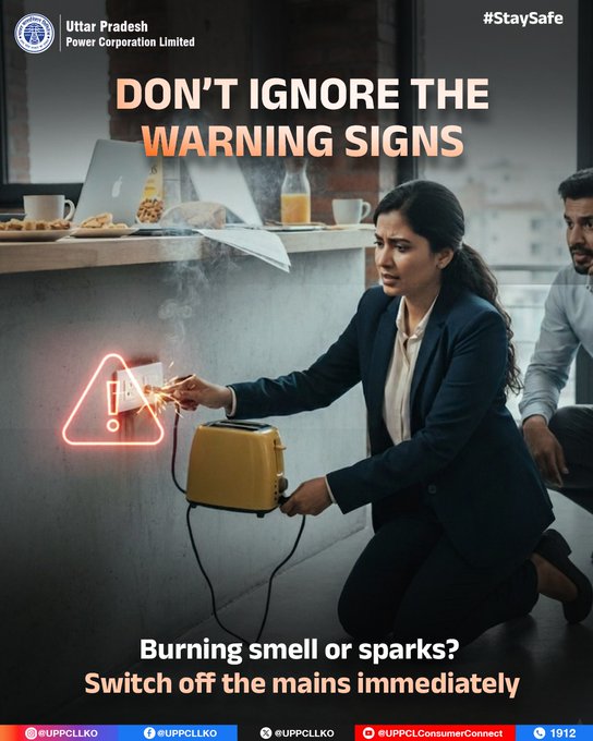 puvvnlvaranasi's tweet image. #ElectricalSafety #StaySafe #PowerAwarenessEarlsigns
like sparks or unusual smells can indicate electrical faults. Acting quickly by turning off the main supply can prevent bigger accidents and ensure safety for everyone.
@UPPCLLKO
@PuVVNLHQ
@aksharmaBharat
@ChairmanUppcl