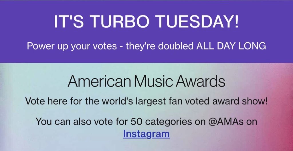 TURBO PARTY AMAs 2026 🥳

SEGUNDA RONDA 😎🔥

ARMY el día de hoy todos los votos valen el doble ‼️

Deja tus 60 votos en cada categoría en la página web 👇🏻

_Artist of The Year_ — *BTS* 
_Song of The Summer_ — *SWIM*
_Best Male K-pop Artist_— *BTS*