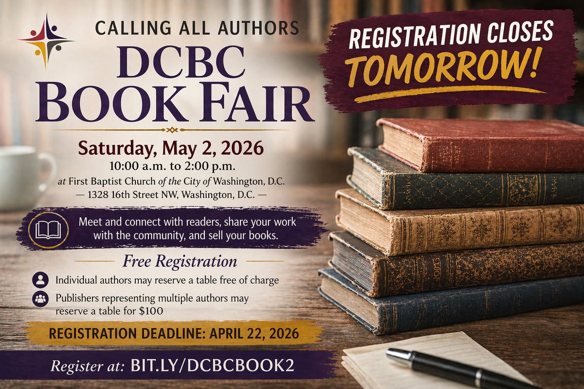 dcbaptists's tweet photo. DCBC Book Fair is coming! Meet authors, discover new reads &amp; support the community. Free admission. Authors register by TOMORROW: https://t.co/uV4IG6tKuU https://t.co/NVt75dVpN1