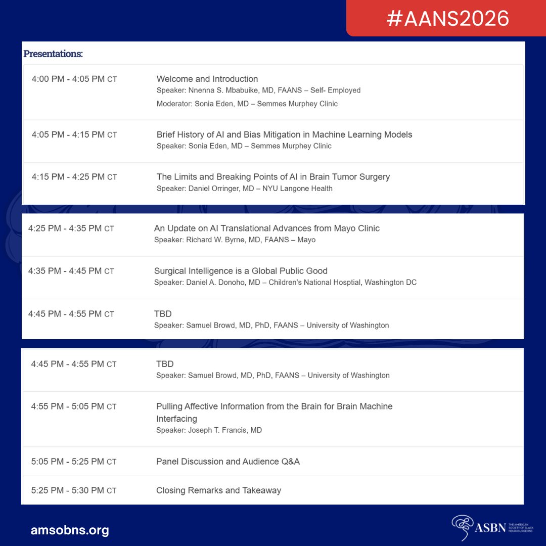amsobns's tweet photo. The future of neurosurgery is being written in real time—and ASBN is leading the conversation. Join ASBN for The Translational Future of Artificial Intelligence in Neurosurgery at @AANSNeuro 2026.

Moderated by ASBN Co-Founders & Past Presidents Sonia Eden and Nnenna Mbabuike, this session will explore how AI is transforming surgical precision, decision-making, and patient outcomes—while addressing the ethical responsibility that comes with innovation.

📍 May 2 | 4:00–5:30 PM CT
📍 Room 301A, Level 1 HBGCC

Click the link in our bio or visit https://t.co/aom3VvOh8u to learn more!

#ASBNOrg #Neurosurgery #AANS2026 #ASBNConnect #ASBNEvents