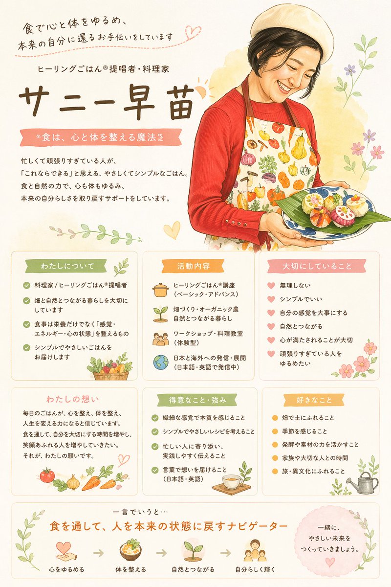 「食を通じて幸せをつなぎたい」
ヒーリングごはん®研究家のサニー早苗です。
わたしの活動をまとめたもの。