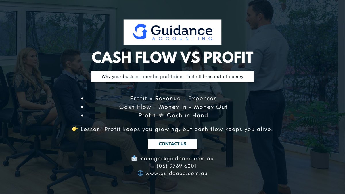 GuidAcctngAU's tweet image. Think profit means you're doing well? Not always.

Understanding the difference between cash flow and profit could save your business.

Contact us today.

📩 manager@guideacc.com.au
📞 (03) 9769 6001
🌐 guideacc.com.au

#CashFlow #ProfitVsCashFlow #BusinessTips