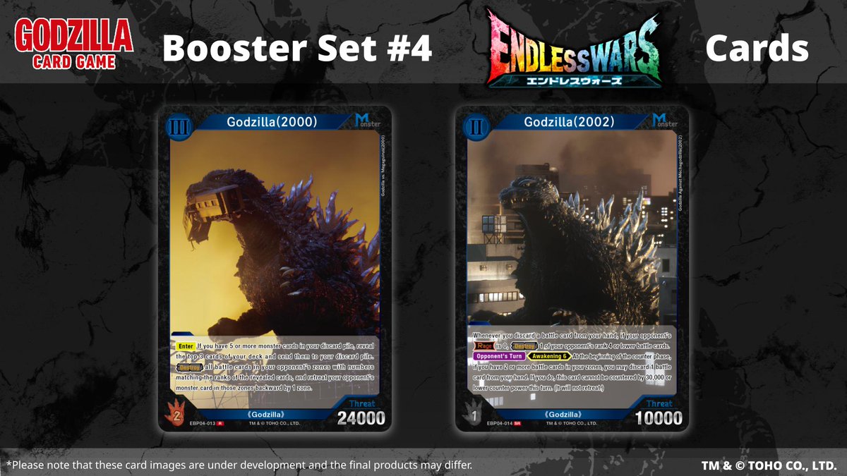 Card reveal! On sale May 23! Introducing the following collectible cards from the from the Booster Set #4 "Endless Wars" Look forward to upcoming cards! Product Page https://t.co/1Qf8fHsX9M #GodzillaCardGame #Godzilla #TCG Card reveal! On sale May 23! Introducing the following collectible cards from the from the Booster Set #4 "Endless Wars" Look forward to upcoming cards! Product Page https://t.co/1Qf8fHsX9M #GodzillaCardGame #Godzilla #TCG