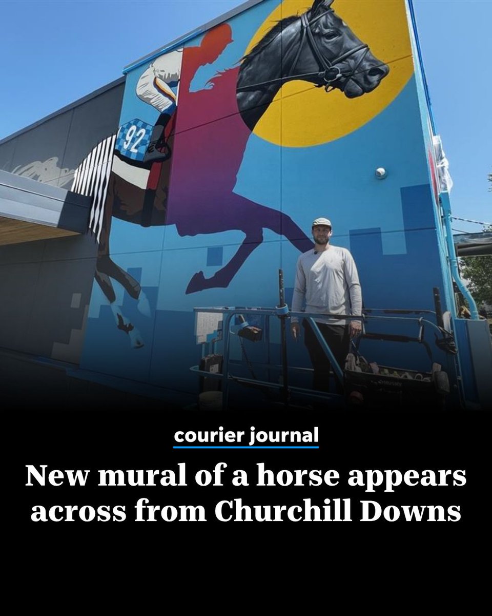 courierjournal's tweet photo. Dutch Bros Coffee opened a fourth location in Louisville across from Churchill Downs. The shop now includes a mural of a horse named Owen Almighty. Here's more: https://t.co/WNp6VY5YCY https://t.co/vEkuMcnkjI