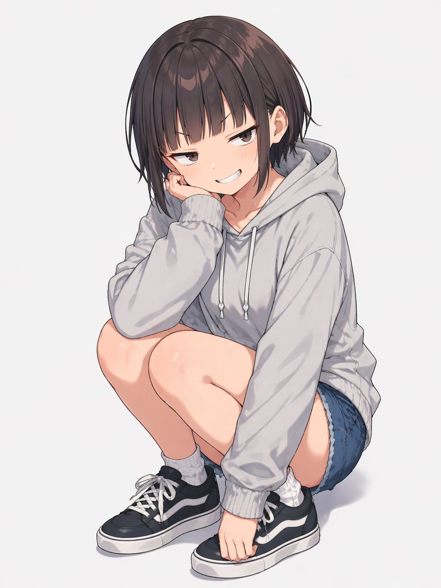Anime Girl Squatting in Oversized Hoodie