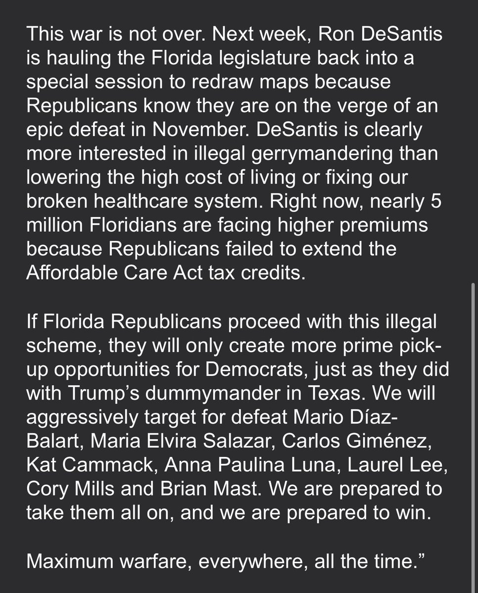 JakeSherman's tweet image. JEFFRIES STATEMENT, with a warning for Florida. 

“If Florida Republicans proceed with this illegal scheme, they will only create more prime pick-up opportunities for Democrats, just as they did with Trump’s dummymander in Texas. We will aggressively target for defeat Mario