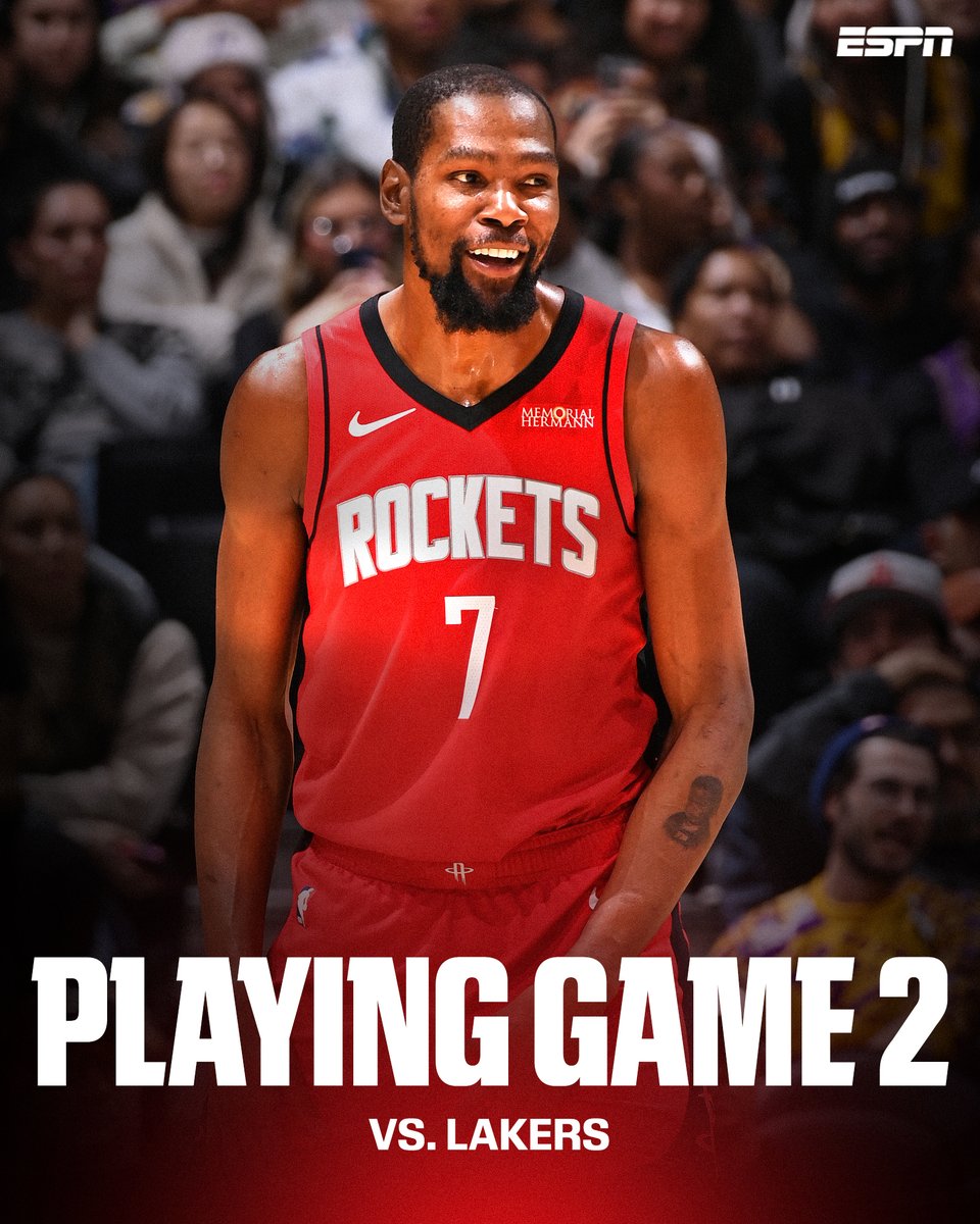 Breaking: Houston Rockets star Kevin Durant has been cleared to return for Game 2 against the Los Angeles Lakers after missing Game 1 due to a knee tendon bruise, sources tell <a href="/ShamsCharania/">Shams Charania</a>.