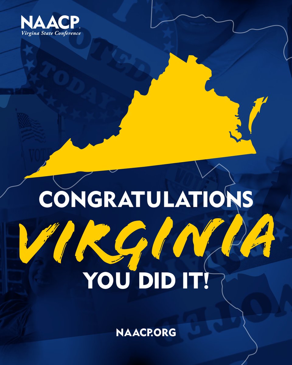NAACP's tweet photo. Virginia voters have spoken! Today, they voted to approve a redistricting referendum, delivering a decisive win for democracy, accountability, and voting power.

This historic outcome is a testament to the power of organized communities. Thank you to every voter, organizer, and volunteer who made this possible. Together, we fought back against disinformation and showed up for the country.

Let this be a blueprint for the rest of the nation as we head toward midterms. 💪🏾 https://t.co/1DsuFiFHxy
