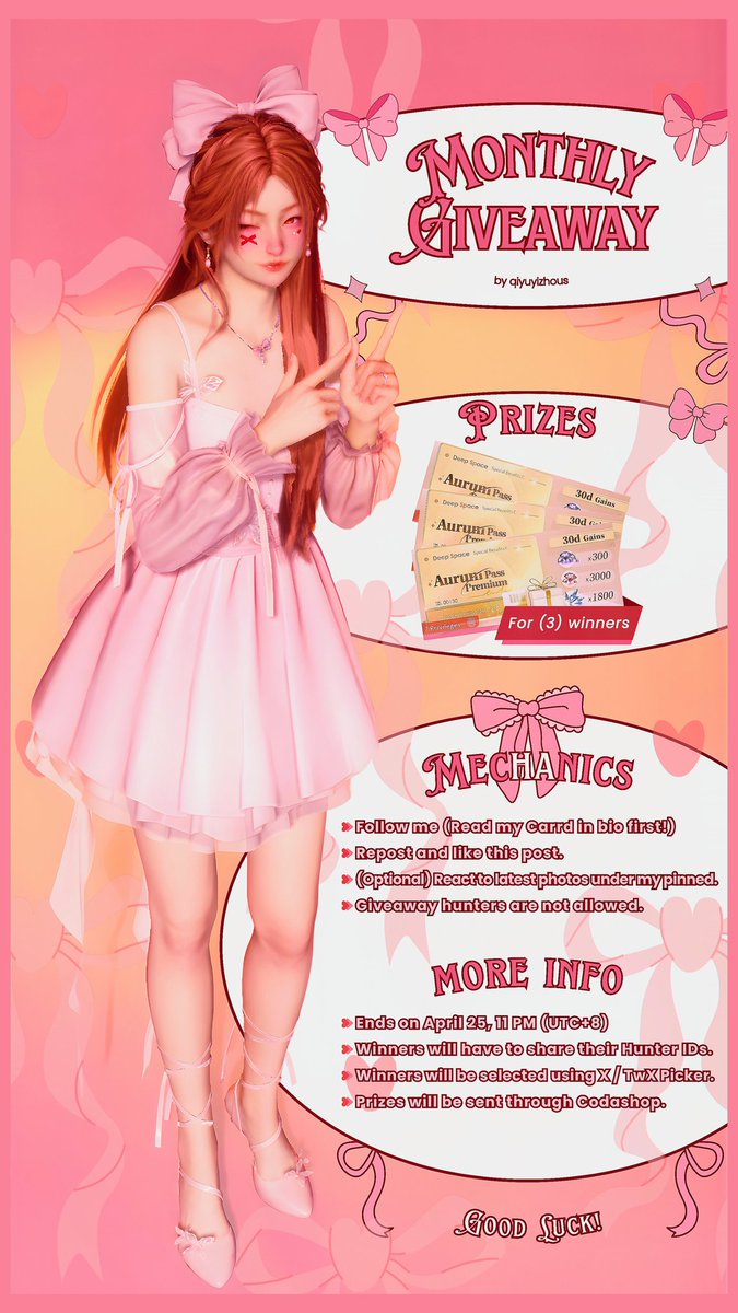 qiyuyizhous's tweet photo. :¨·.·¨: 
 `·..  april mini giveaway .ᐟ ˎˊ˗

𝙥𝙧𝙞𝙯𝙚𝙨:
ᰔ aurum pass for (3) winners
𝙩𝙤 𝙟𝙤𝙞𝙣:
ᰔ see photo for more details

good luck! ♡

#LoveandDeepspace #LaDS #ladstwt https://t.co/LFUE32fAcb