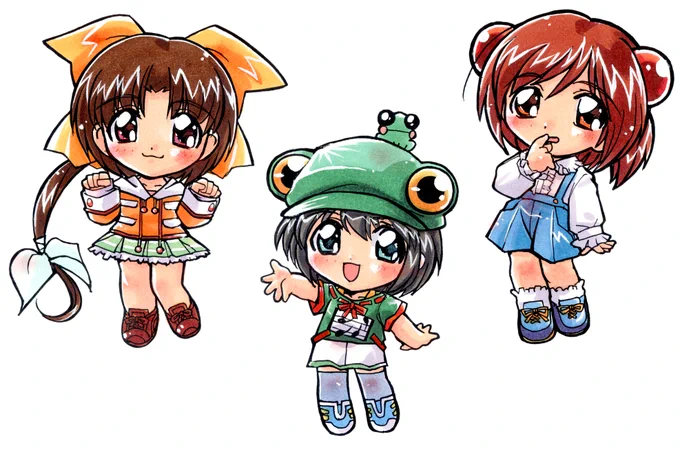 おまけ 「 #おとぎストーリー天使のしっぽ 」～ 「天使のしっぽ Chu!」～の前進 「Otigi Story P.E.T.S.」版のちびキャラ絵 1枚目 サル・カエル・タヌキ 2枚目 イヌ・(うさぎ飛ばして)ヘビ ～の5キャラが デザイン違い