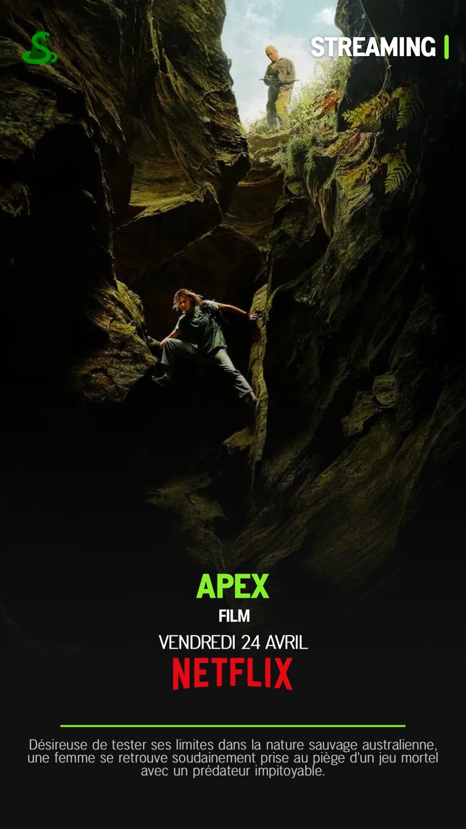alxserix's tweet image. Le film #APEX est dès maintenant disponible en streaming sur @NetflixFR.

"Désireuse de tester ses limites dans la nature sauvage australienne, une femme se retrouve soudainement prise au piège d'un jeu mortel avec un prédateur impitoyable."

#Netflix