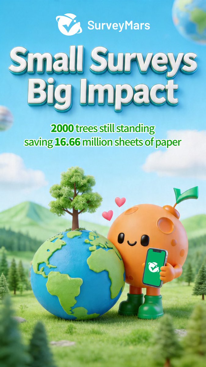 SurveyMars's tweet photo. 🌍Earth Day 2026 | Small Surveys, Big Impact

This Earth Day, SurveyMars is celebrating a greener way to collect feedback.
By switching from paper forms to digital surveys, we can reduce waste, save resources, and cut unnecessary carbon emissions—one questionnaire at a time. From 2023 to 2026, SurveyMars users completed 16.66 million surveys — equivalent to saving 16.66 million sheets of paper，2000 trees still standing.

📊 A virtual impact example:
If 10,000 teams run their surveys online instead of printing forms, we could save 120 tons of paper per year and reduce up to 280 tons of CO₂ emissions.
Because real change isn’t always loud—sometimes it’s just a smarter workflow.

🌱 Go paperless. Go digital. Go SurveyMars.
#EarthDay #SurveyMars #GoPaperless #Sustainability #ClimateAction