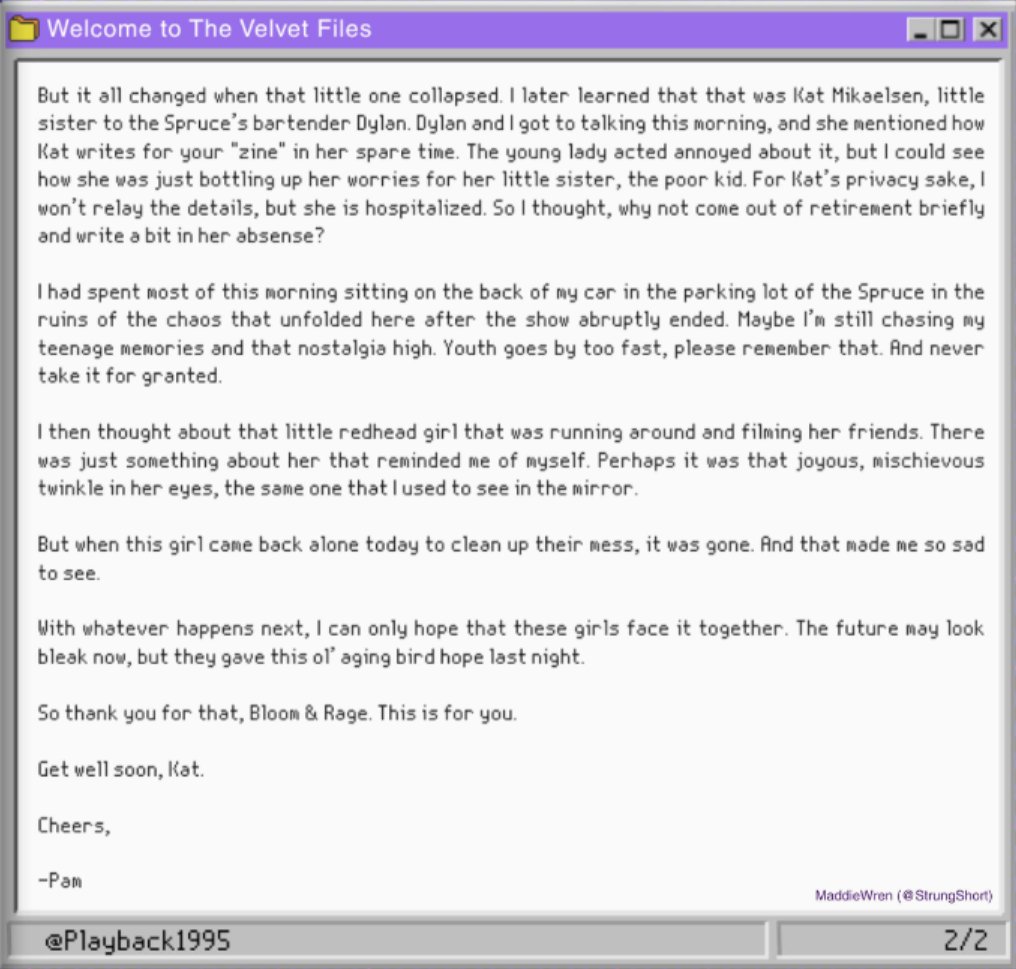 Here are the snippets I wrote for the <a href="/LRBRfanzine/">Lost Records : Playback 1995📼</a>, as graphically edited by <a href="/sleepyadora/">elisa 𖦹📼</a> and <a href="/laliserys/">ERYS ;</a> #LostRecords

First prompt: The Concert! 

This one I wrote from Pam's perspective. 

1/4