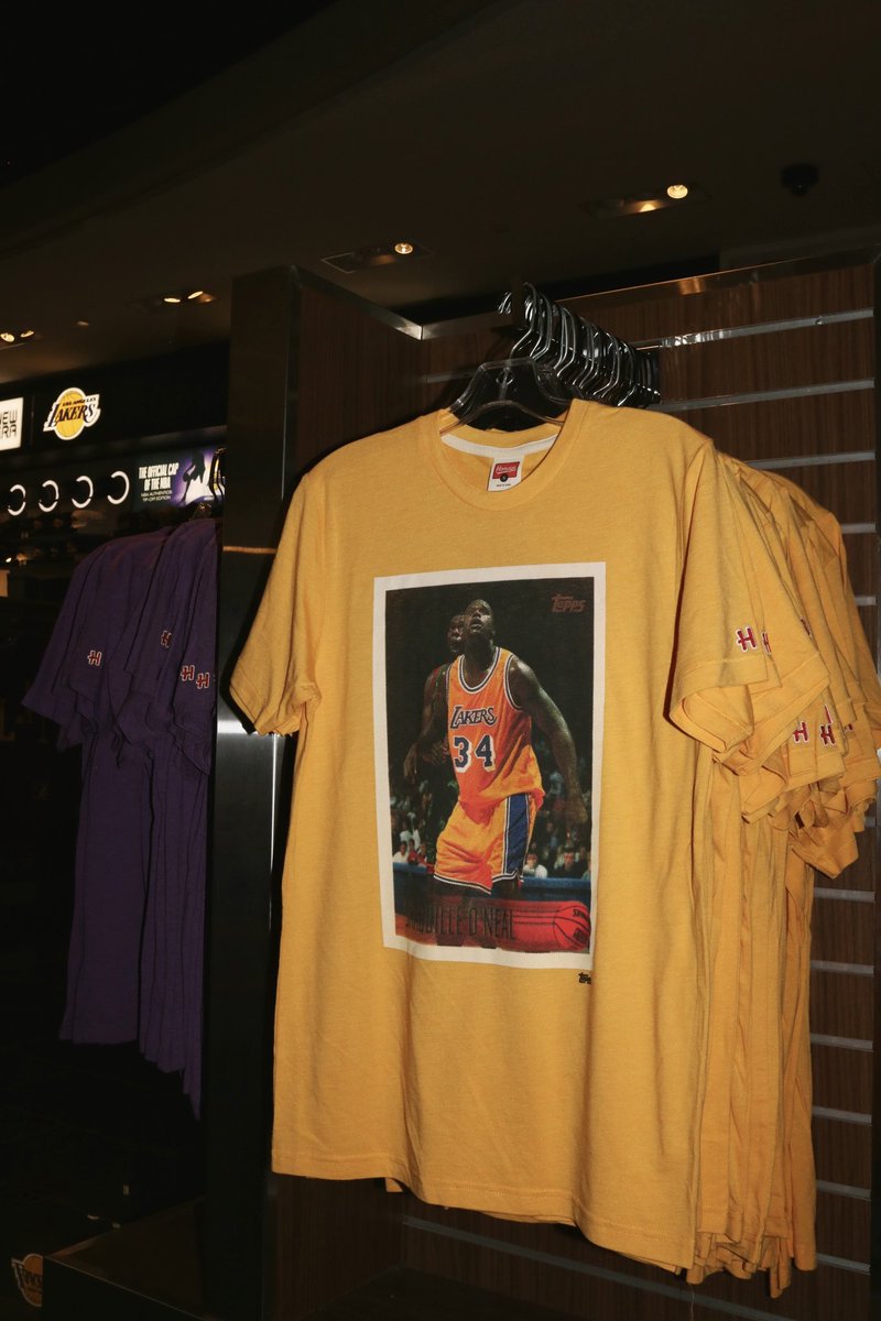 LakersStore's tweet photo. We’re back with another exclusive drop for our second home game of Lakers playoffs🔥This @HOMAGE x @Topps collab includes vintage inspired tees celebrating iconic baseball cards and timeless Lakers players. Available online &amp; in-arena at Team LA Store. Link in bio #lakersstore https://t.co/osEvvRwxAi