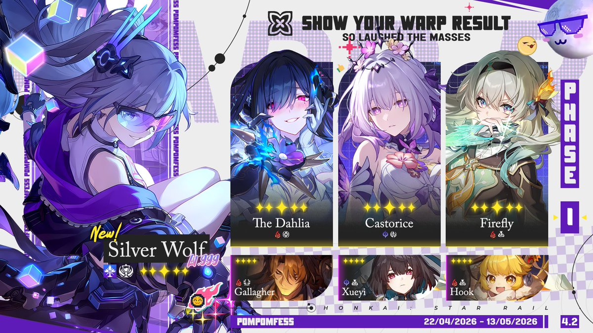 Show Your Warp Result! 🚂✨
Version 4.2 • Phase I

Share hasil gacha Silver Wolf LV. 999, The Dahlia, Castorice, Firefly dan Light Cone nya di kolom komentar tweet ini supaya tidak menimbulkan spam gacha di timeline ya, goodluck~