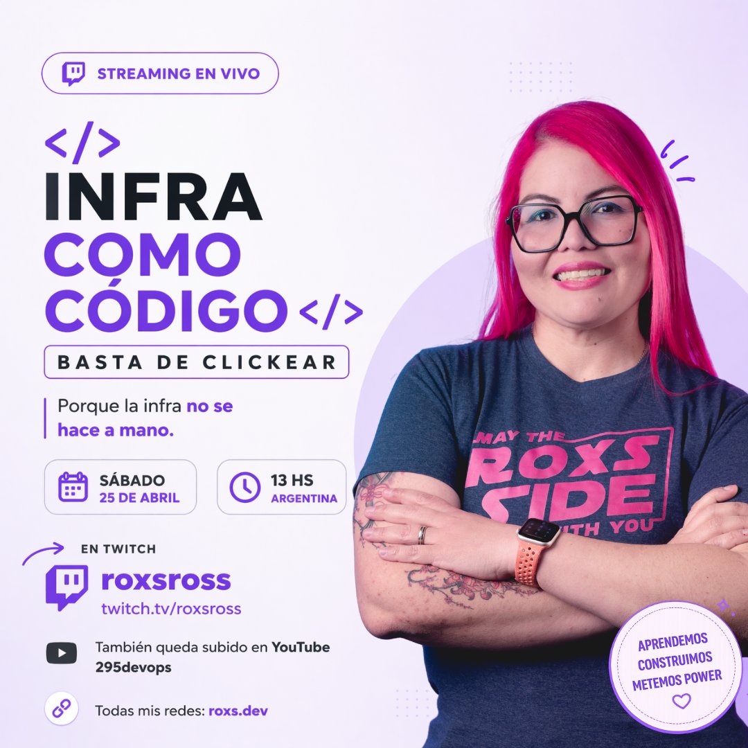 RoxsRoss's tweet image. 🔥 Infra como Código — basta de clickear

Episodio 2 del camino 🚀
La infra no se hace a mano → se define, versiona y automatiza
📍 Sábado 25/04
⏰ 13 hs (AR)
🎥 twitch.tv/roxsross

Si estás listo para salir del modo clicker… nos vemos 💜
#DevOps #InfraAsCode #Terraform