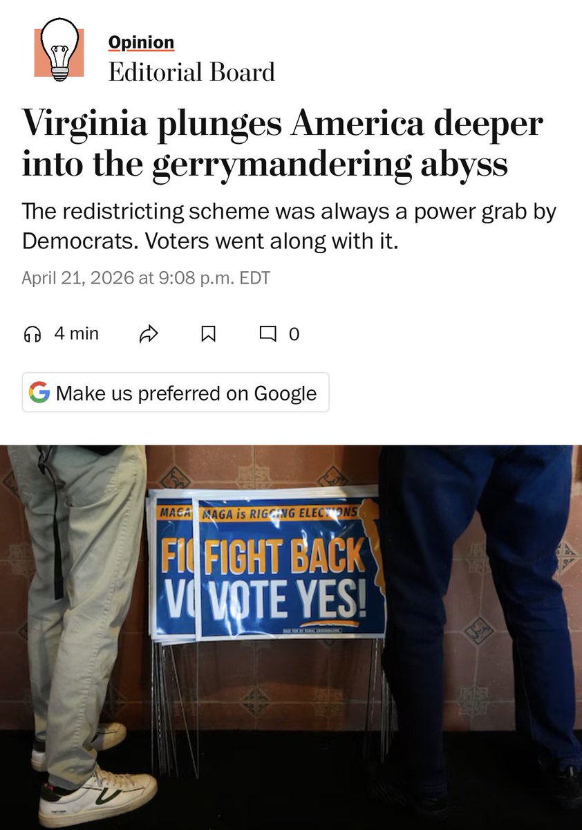 The Washington Post Editorial Board was fine with Republicans gerrymandering in Texas.

But when Democrats responded in Virginia, it’s a “power grab” that “plunges America deeper into the gerrymandering abyss.”