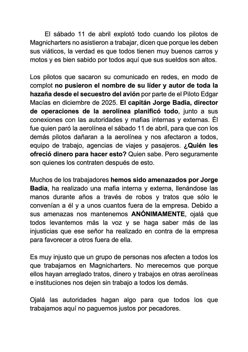 EmpleadosMagni's tweet photo. Trabajadores de #Magnicharters, @Magnicharters exponemos lo siguiente: https://t.co/VadX7dh9oj