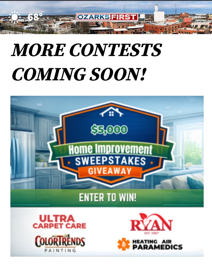WeHelpUpaint's tweet photo. Exciting news Ozarks homeowners! ColorTrends Painting is sponsoring the OzarksFirst $5,000 Home Improvement Sweepstakes! One lucky winner gets $5,000 for painting, renovations &amp; more. Enter before May 19th ￼ https://t.co/6IDxykj32I https://t.co/ig7Z3d0Qdy