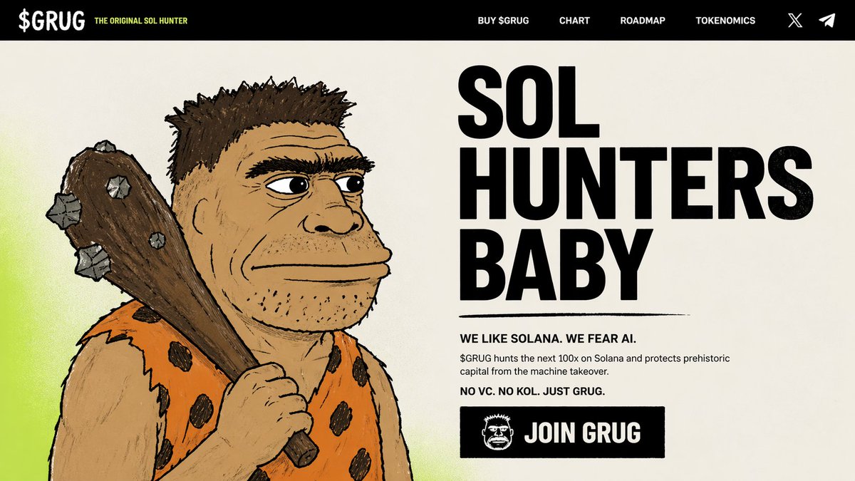 GRUG_SOLX's tweet photo. Most Meme Coins Beg For Lore. This One Carved It Into Stone. 🪨

$GRUG Brings Caveman Conviction To Solana With A Blunt Rule Set: Hold, Stay Primal, Ignore The Noise.

Join The Cave Before The Next Grunt Gets Louder. https://t.co/zDmaAM14Ur