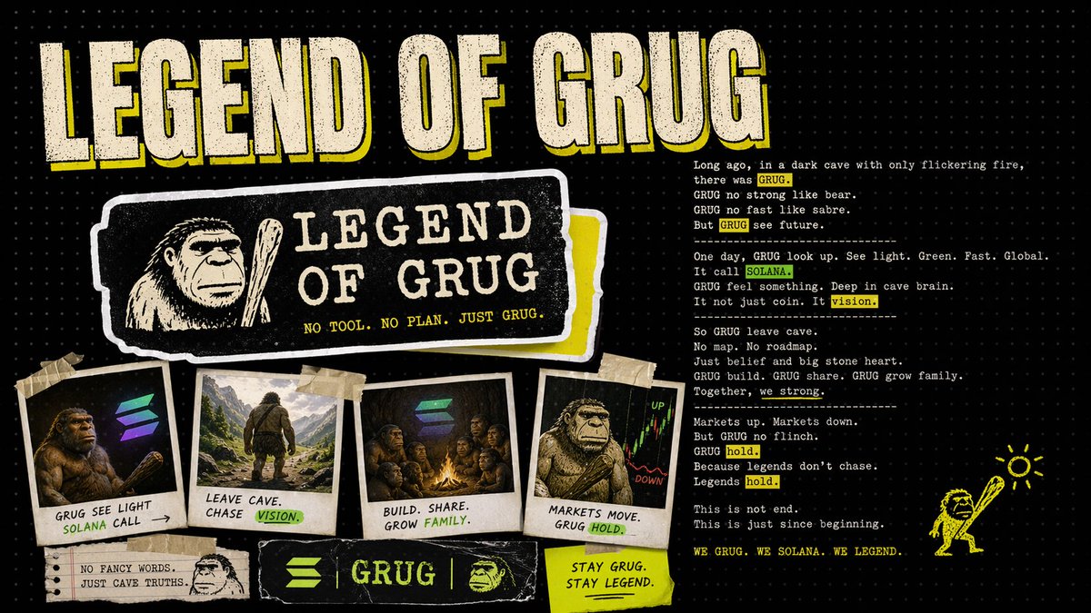 GRUG_SOLX's tweet photo. No Maze. No Essay. No Fake Complexity. 💥

The Token Page Says What It Needs To Say: 1b Supply, 0/0 Taxes, Lp Burnt. Clean, Loud, Primitive.

Buy $GRUG, Check The Chart, And Keep Your Hands Prehistoric. https://t.co/J4lCEX64It