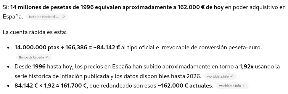 leviatan89's tweet photo. @inversionitas Por aportar, tus padres pagaron 162000€ en dinero de hoy (ajustado a inflación), según chatgpt: https://t.co/dqKTfPSmqi