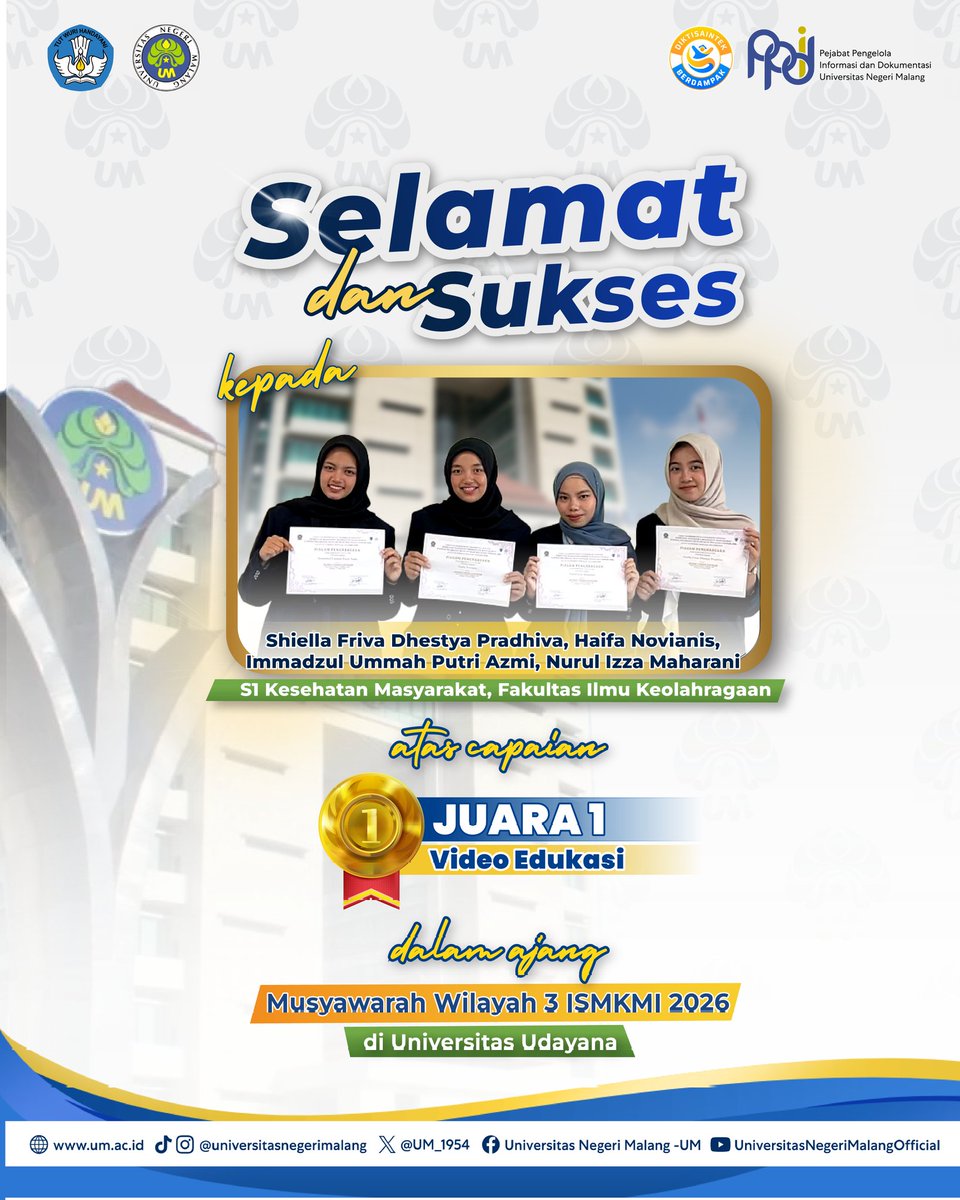 UM_1954's tweet image. #PrestasiUM

Selamat dan sukses kepada para Mahasiswa UM atas capaiannya meraih berbagai prestasi yang luar biasa!👏🏻

Semoga dapat terus menginspirasi dan mengharumkan nama kampus tercinta✨

#UM
#universitasnegerimalang
#ExcellenceInLearningInnovation
#KampusUnggulan