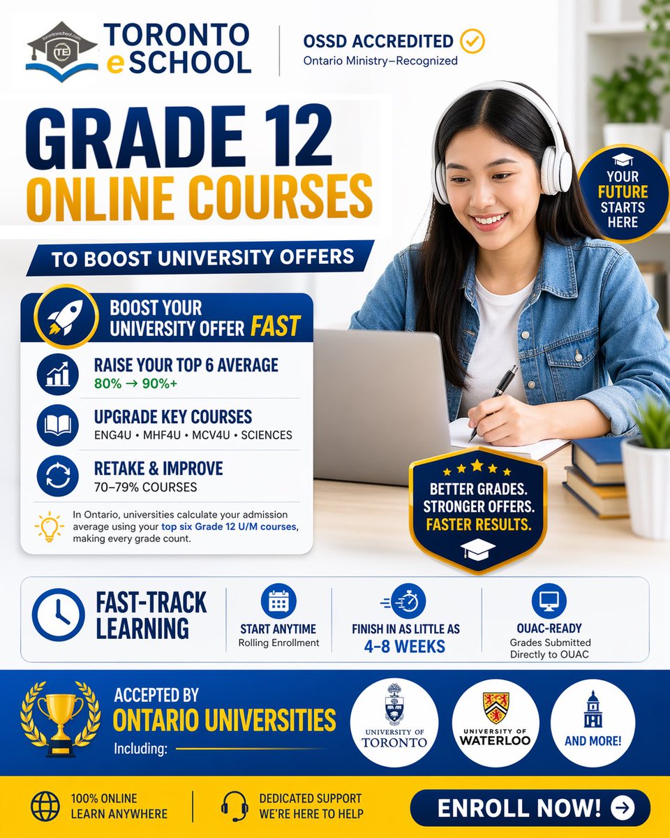 TorontoeSchool's tweet photo. Grade 12 Online Courses to Boost University Offers
Toronto eSchool (OSSD Accredited Online School)
✅ Boost Top 6 Average
⚡ Retake Low Grades
🧠 Best for students who:
✔ Need higher Top 6 average
✔ Want to improve one weak subject
✔ Have conditional offers
#OSSD #Grade12 https://t.co/S61lVeFTZr