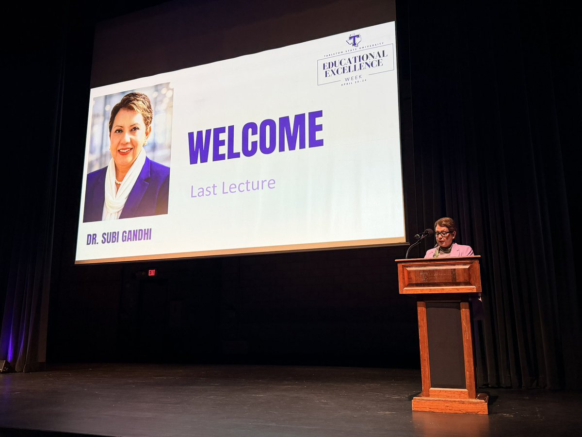 TarletonPrez's tweet image. Congratulations to Dr. Subi Gandhi for an outstanding presentation. She delivered the 2026 “Last Lecture” as part of @TarletonState Education Excellence Week. I am so thankful and proud of the collective work of our incredible faculty! #BleedPurple #Excellence