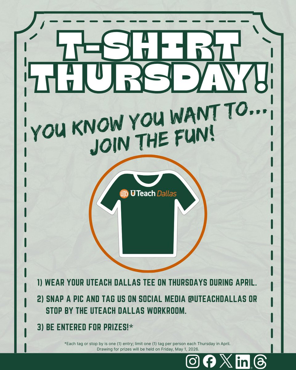 UTeachDallas's tweet photo. T-Shirt Thursday: Wk 4️⃣! 
April’s not over yet, and we’re not stopping now❗ You’ve seen it all month, and you know you want to…
Join the fun❗ Flex UR #UTeachDallas T &amp; get in on the winning:
1) Snap a pic or
2) Stop by &amp; show it off in person! 
1️⃣ more wk, but Y wait? https://t.co/LfzoWvRa7t
