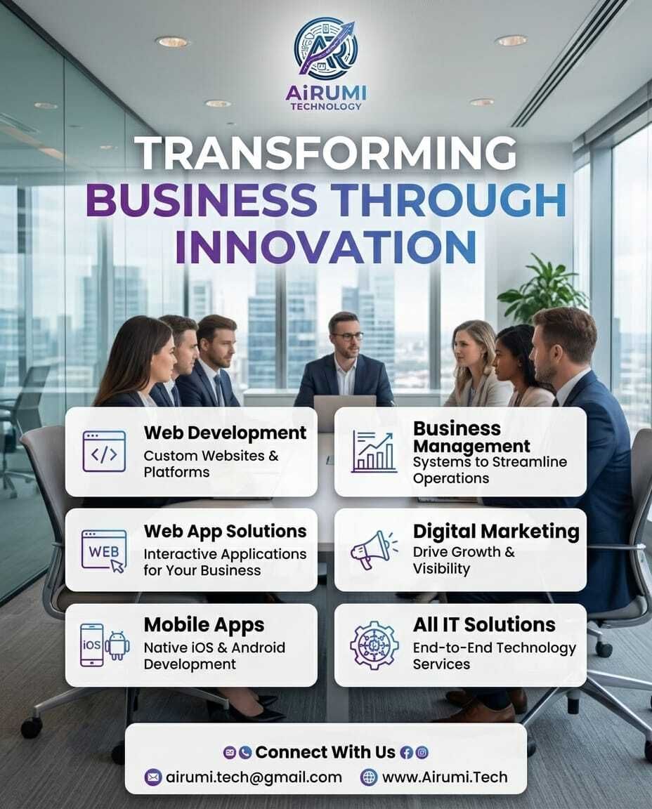 🤝 Innovation starts with the right partner.
Web | Web Apps | Mobile Apps | Business Mgmt | Digital Marketing | All IT
AiRumi Technology — Transforming Business Through Innovation! 💡🚀
📩 airumi.tech@gmail.com
#WebDevelopment #AndroidDevelopment