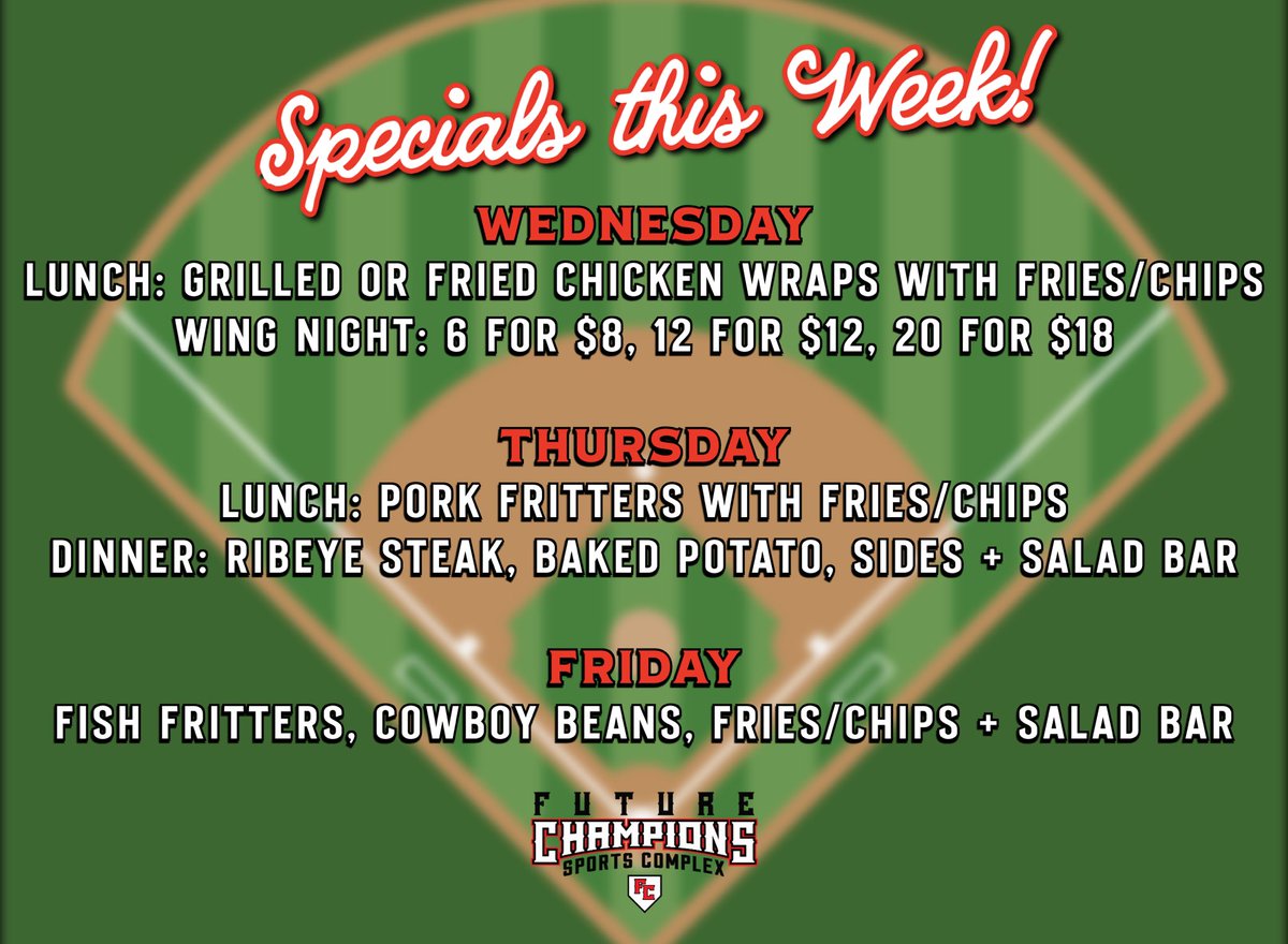 FutureChampsIL's tweet image. This week’s lineup card is ready! Put Future Champions Sports Complex in your restaurant rotation and enjoy the heavy hitters on our menu this week! ⚾️🏟️🥎 #FutureChampions #JacksonvilleIL #weeklyspecials