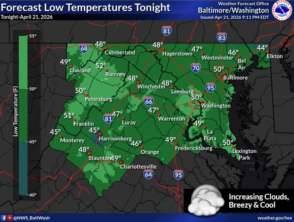 NWS_BaltWash's tweet photo. A warm front lifts through tonight bringing increasing clouds and breezy conditions. A cold front drops in from the north Wednesday bringing sct'd showers &amp; t-storms. Lows tonight into the 40s &amp; 50s with highs Wednesday in the 60s and 70s. https://t.co/dWrQBjTNdo